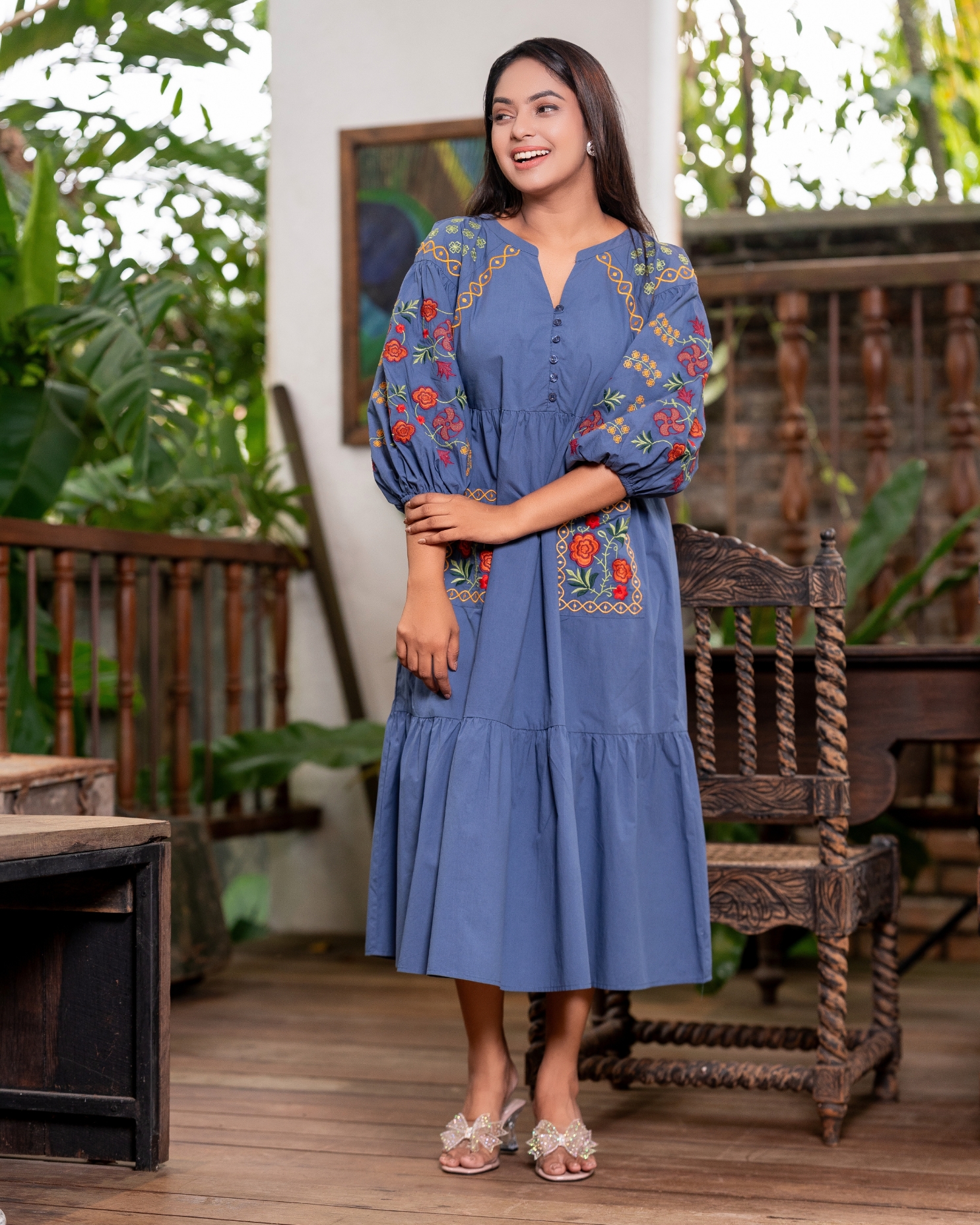 Floral Embroidered Puff Sleeve Midi Dress - Image 6