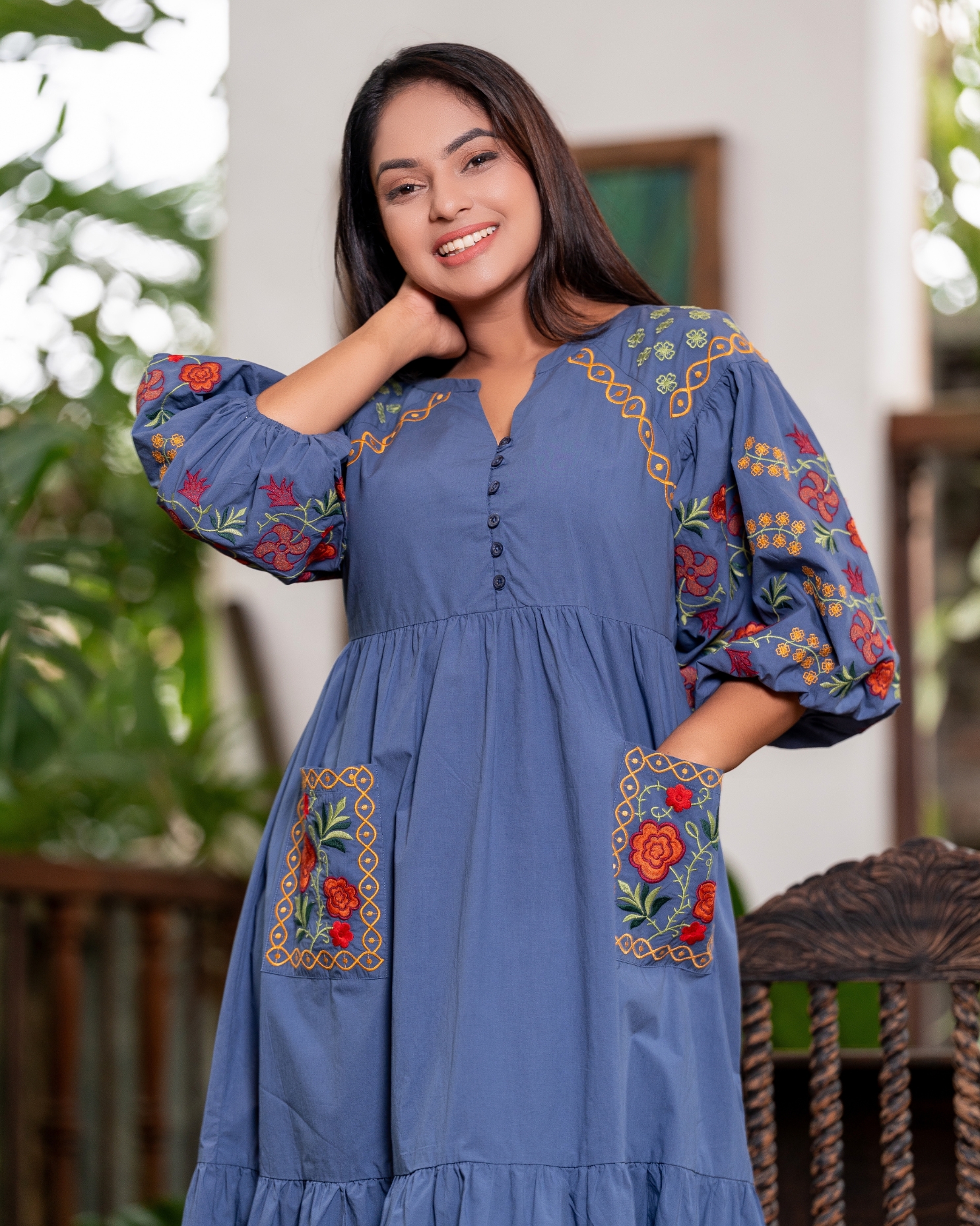 Floral Embroidered Puff Sleeve Midi Dress