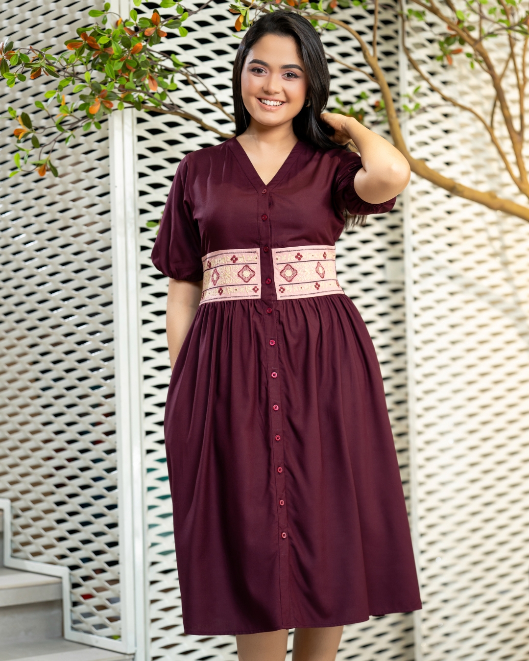 Button-Down Embroidery Contrast Waist Detail Short Dress - Image 3