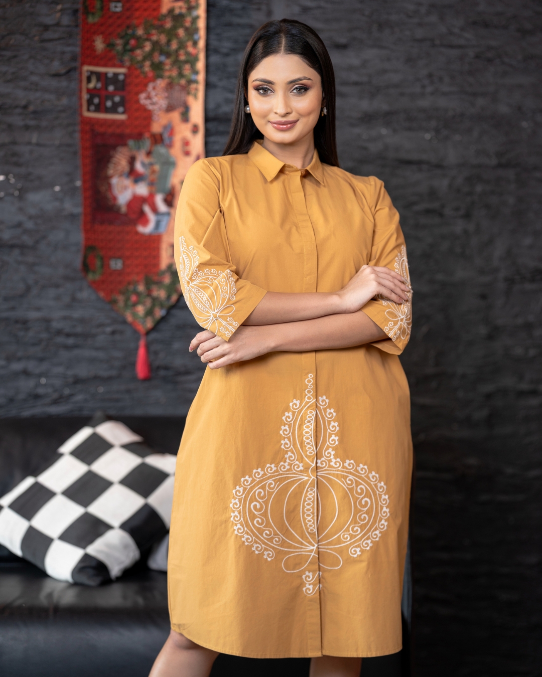 Embroidered Button Up Short Dress