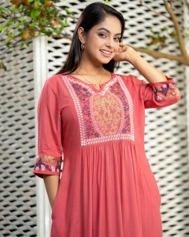 Embroidery Yoke with Gathers Midi Dress