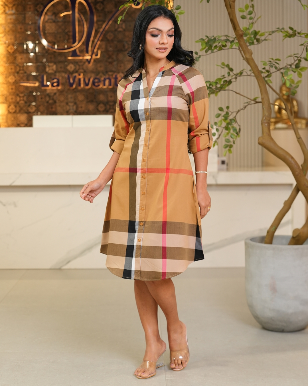 Plaid Patterned Raglan Sleeve Short Dress - Image 3