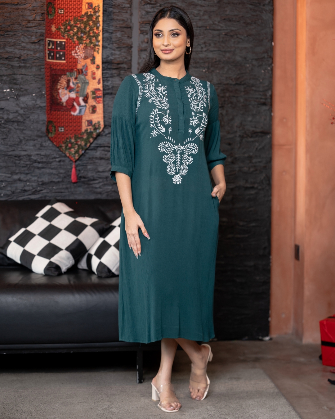 Embroidery Detail Half Button-Down Midi Dress - Image 3