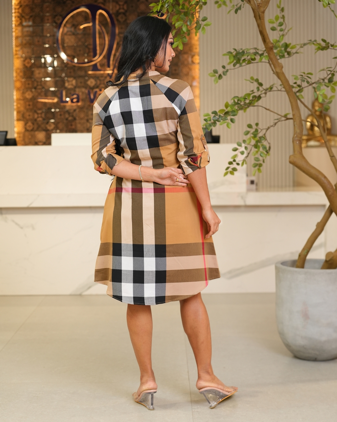 Plaid Patterned Raglan Sleeve Short Dress - Image 6