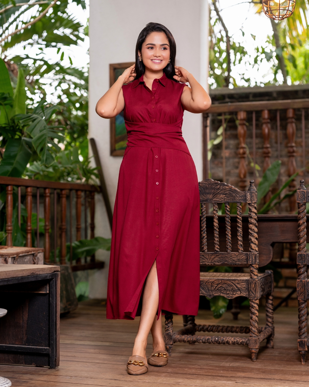 Waist Tie-Up Detail Collared Sleeveless Maxi Dress - Image 3