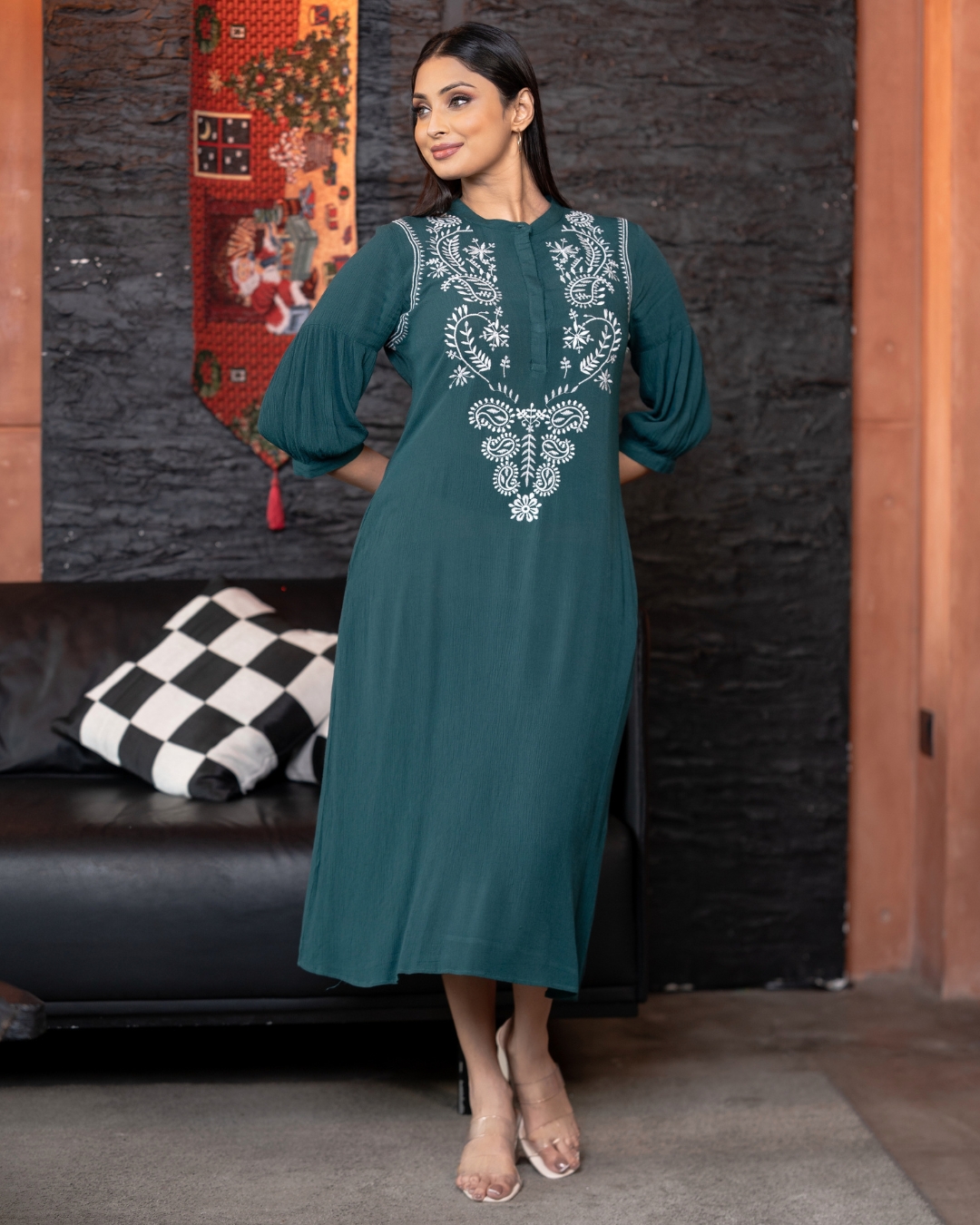 Embroidery Detail Half Button-Down Midi Dress - Image 4