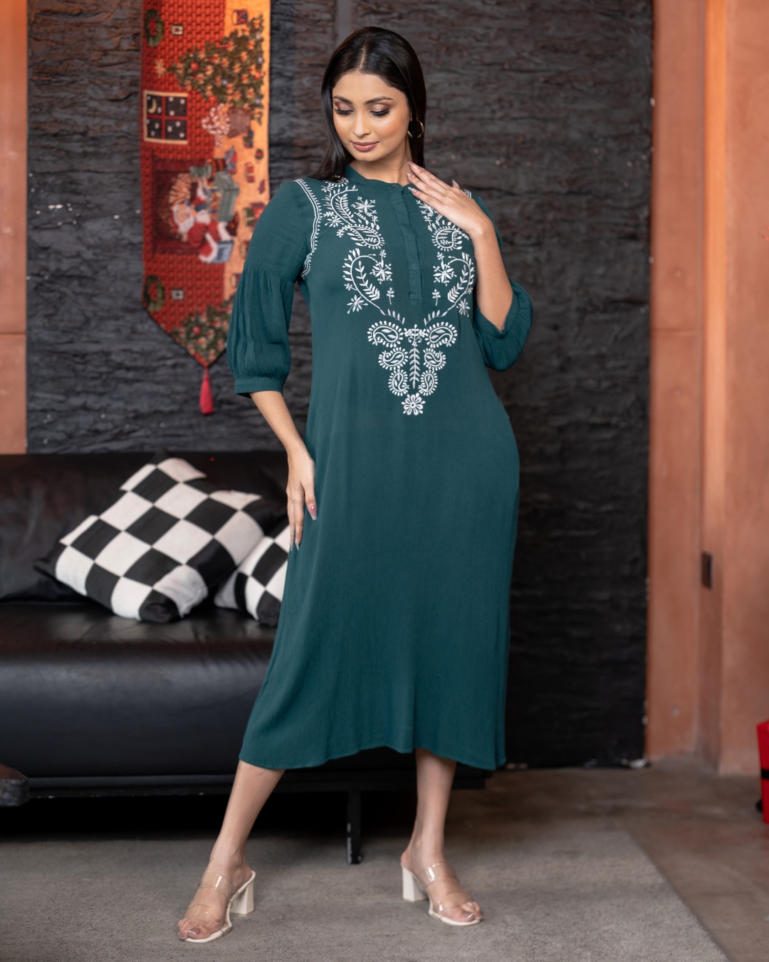 Embroidery Detail Half Button-Down Midi Dress - Image 5