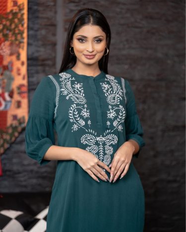 Embroidery Detail Half Button-Down Midi Dress