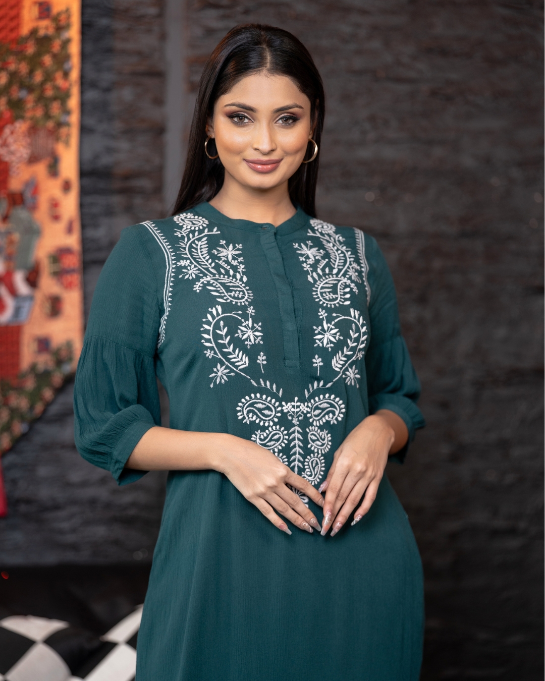 Embroidery Detail Half Button-Down Midi Dress