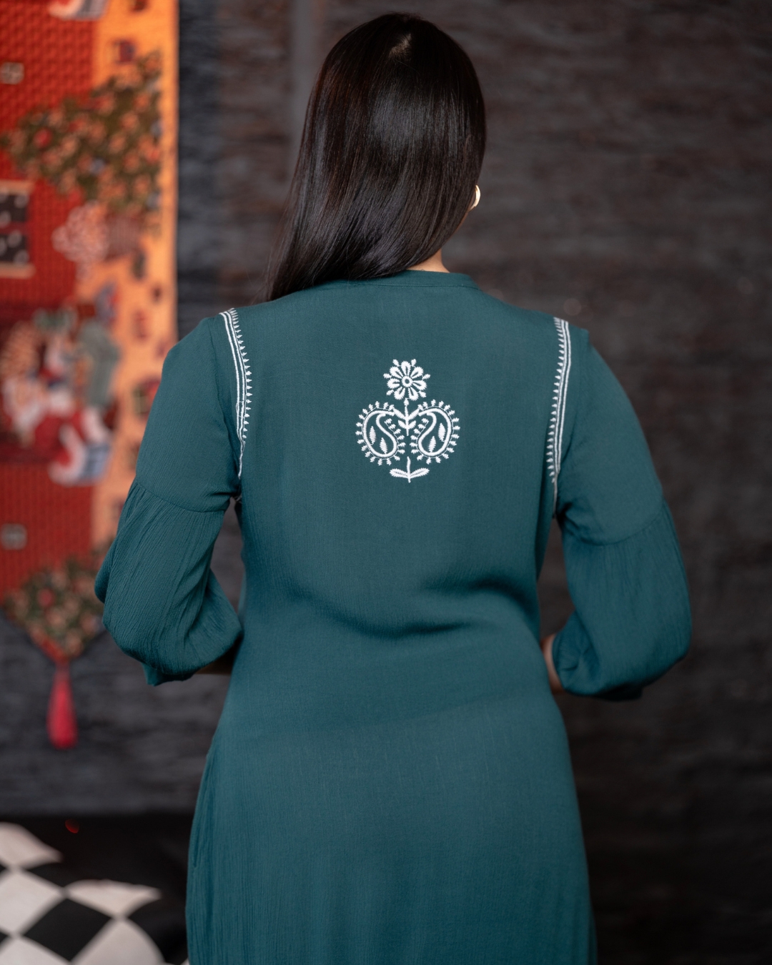 Embroidery Detail Half Button-Down Midi Dress - Image 2