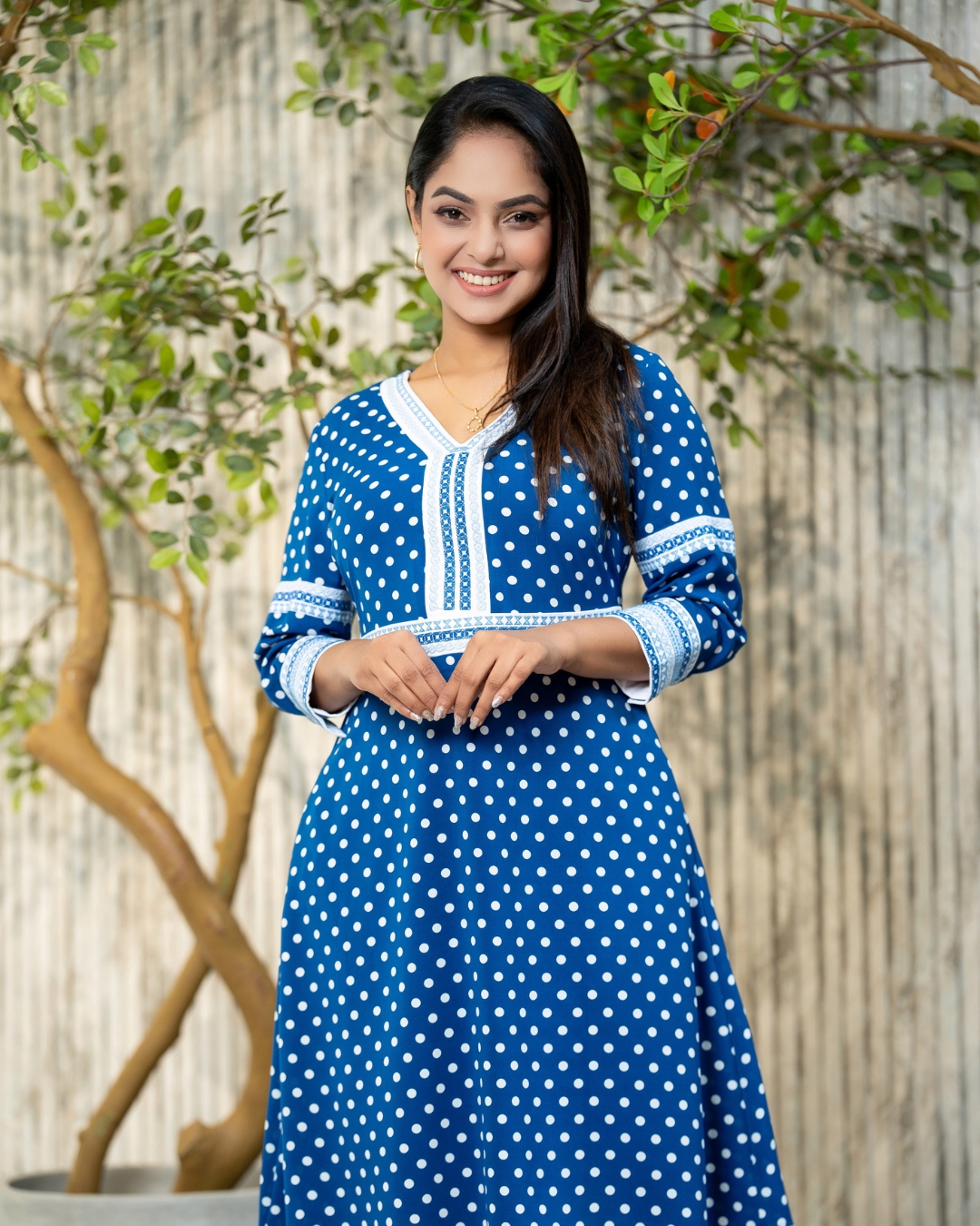 Polka Dot patterned Contrast Embroidery Short Dress - Image 2