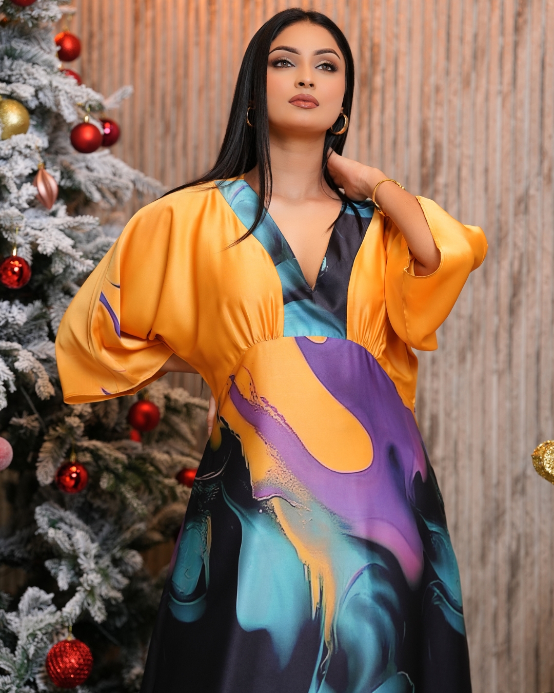 V-Neckband Detail Waist Gathered Maxi Dress