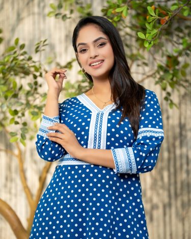 Polka Dot patterned Contrast Embroidery Short Dress