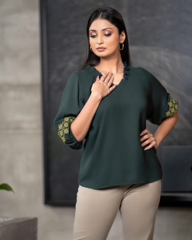 Sleeve Embroidered Ruffled Neck Top