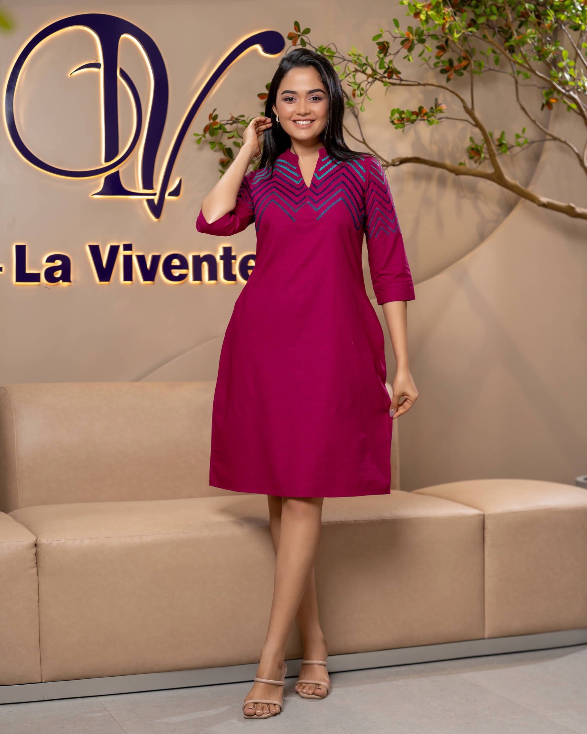 Zigzag Embroidery Detail Chinese Collared Short Dress - Image 4