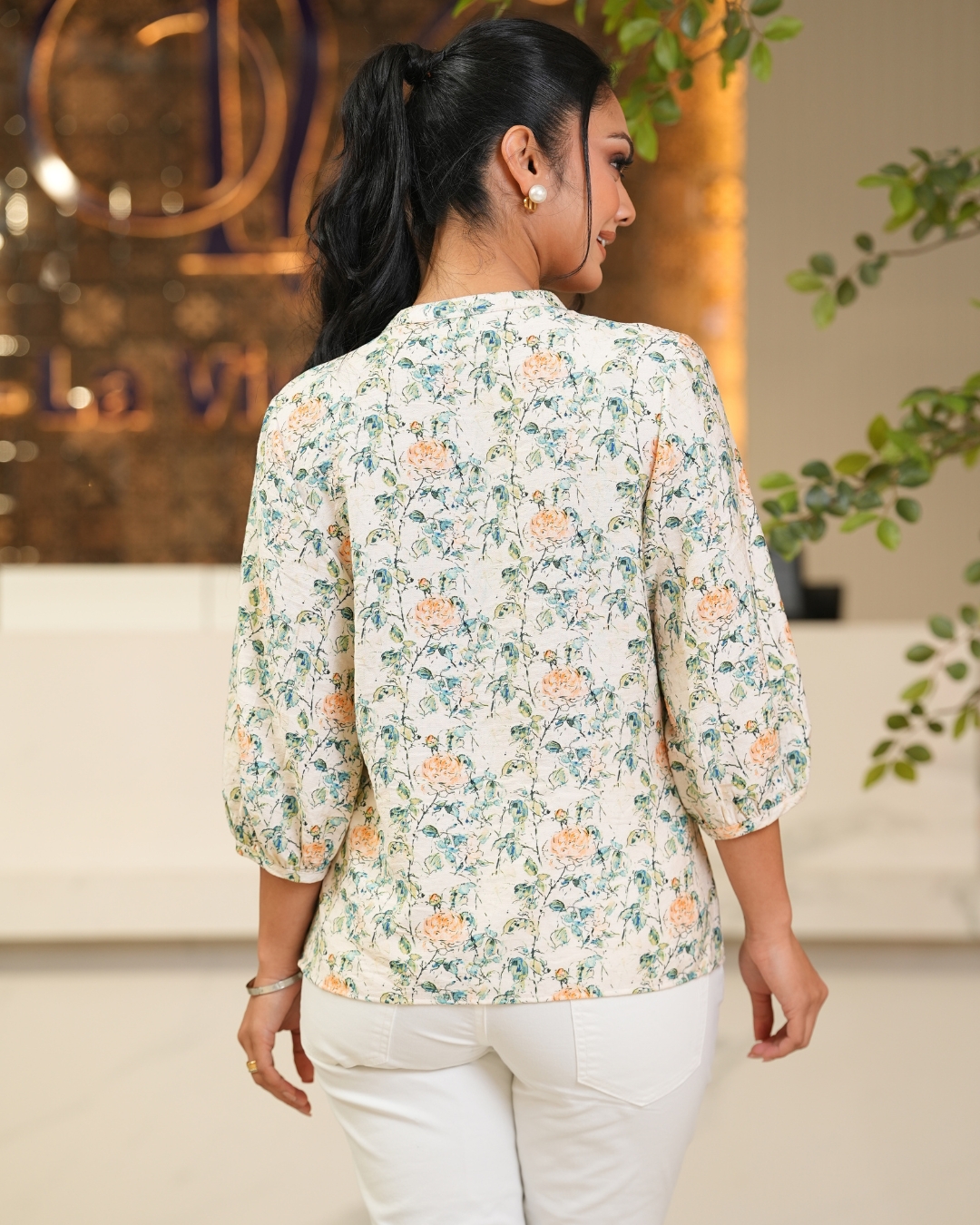 Floral Patterned Lace Detail Puff Sleeve Blouse - Image 5
