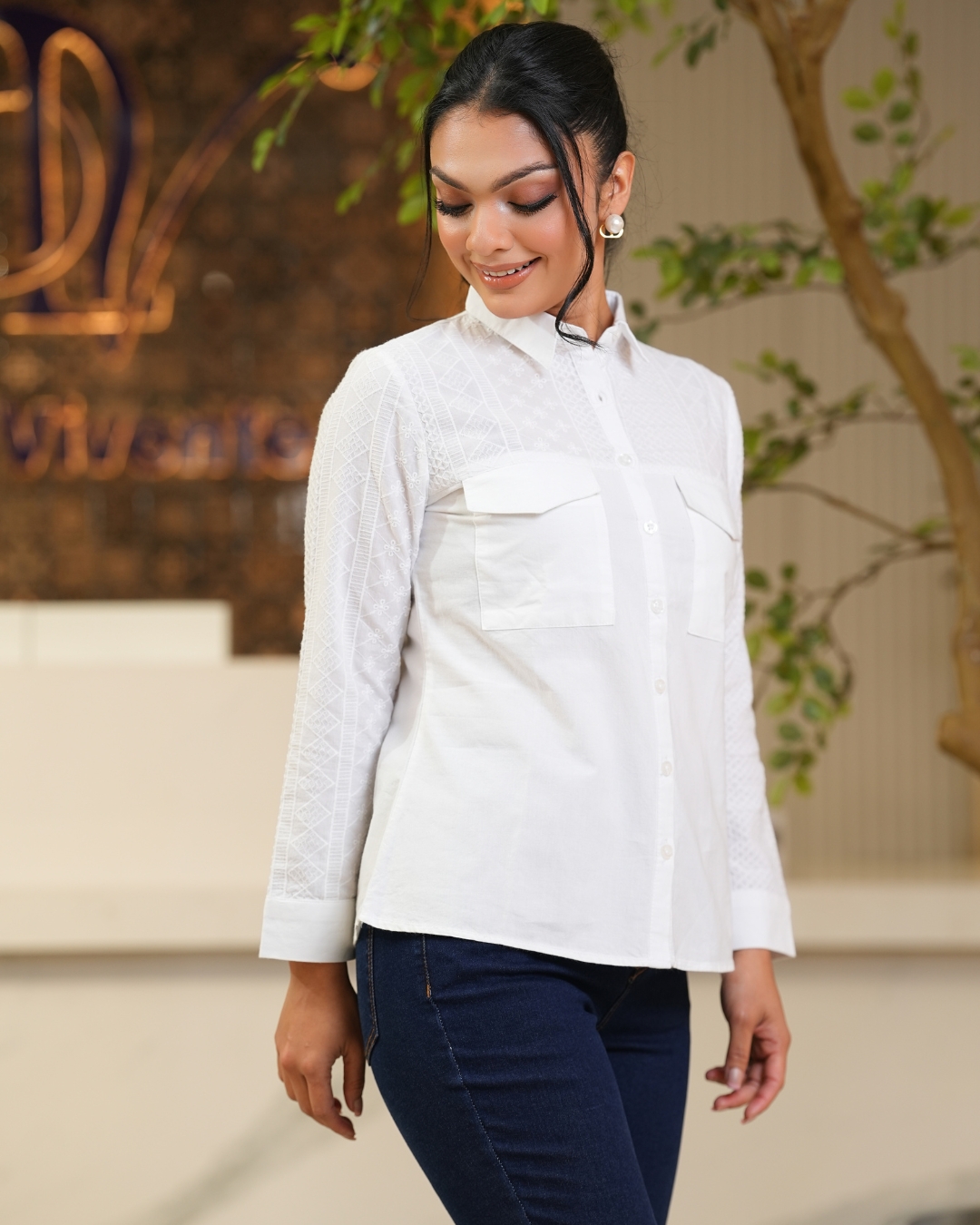Double Pocket Detailed Cutlawn Mixed Shirt - Image 2