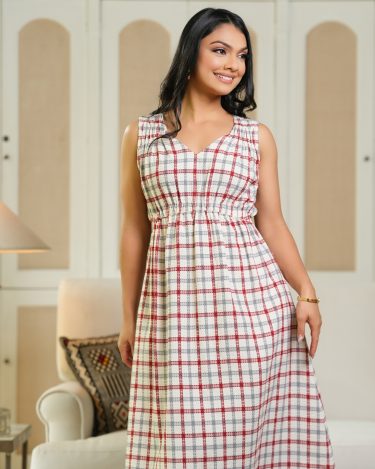 Plaid Patterned Sleeveless V-Neck Midi Dress