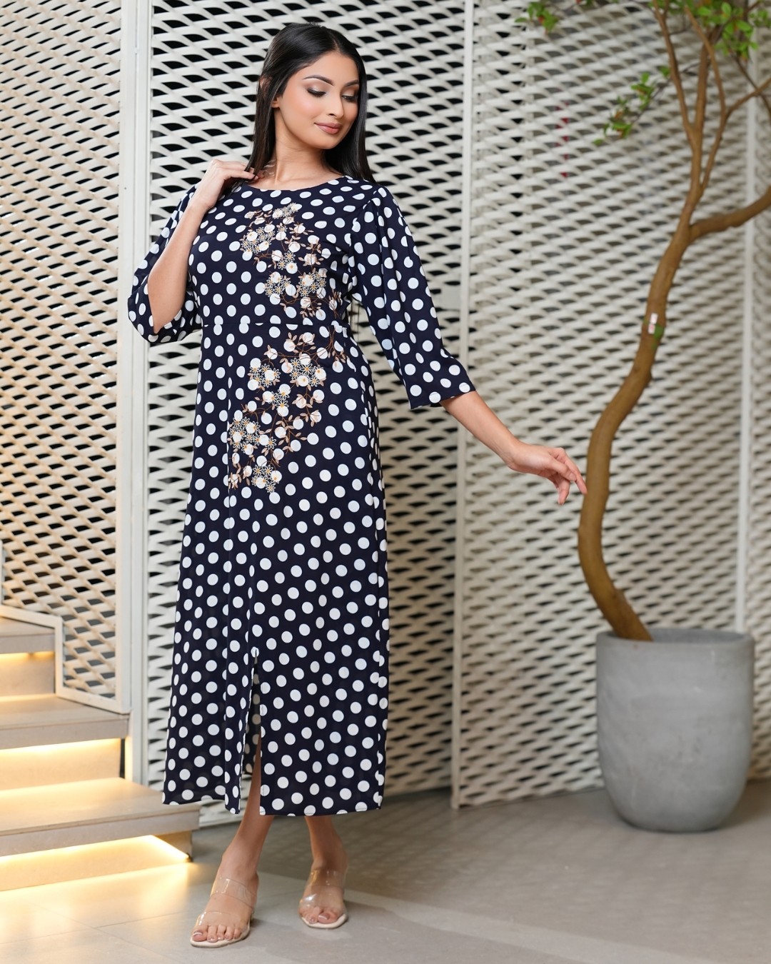 Embroidered Polka Dot Midi Dress - Image 4