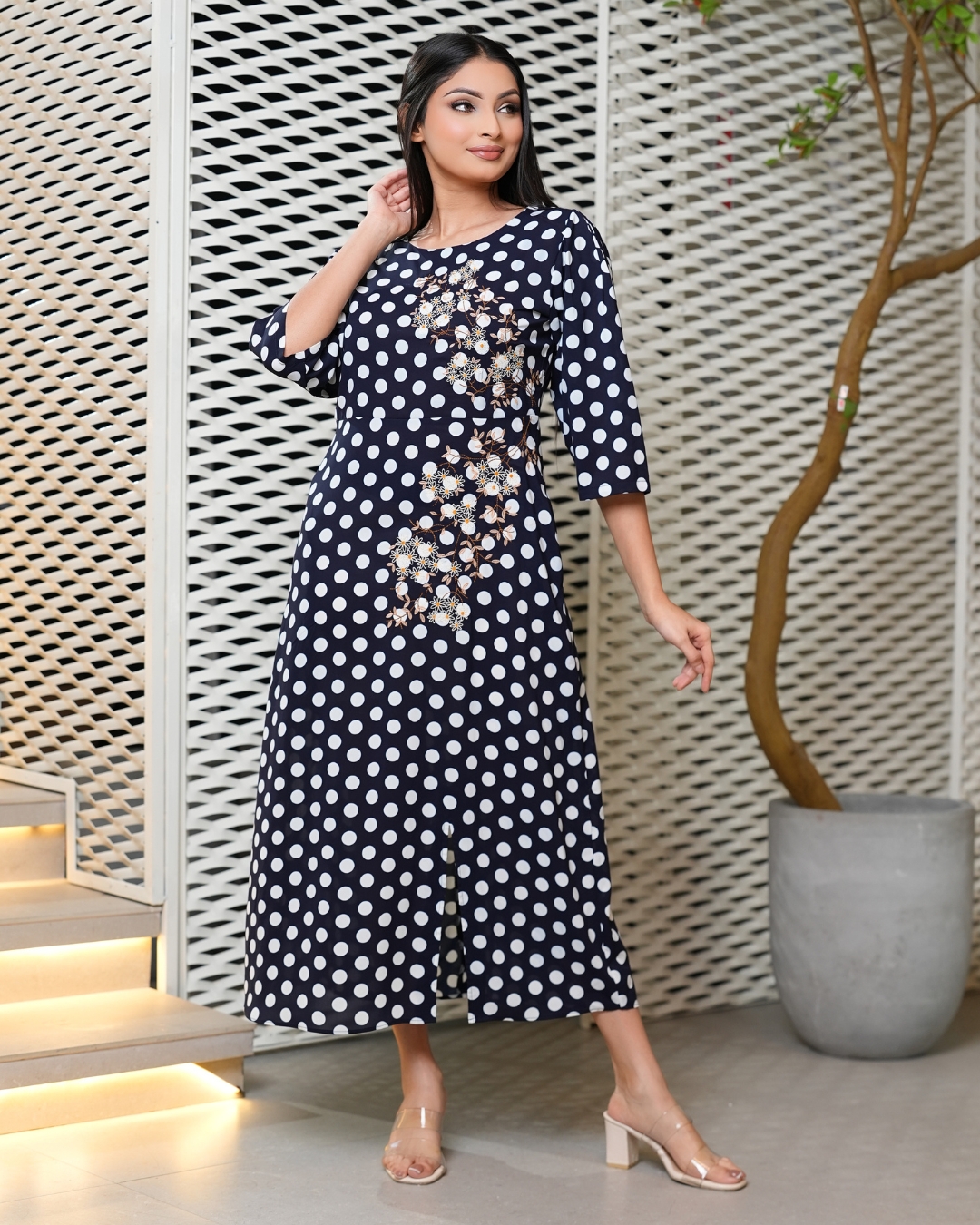 Embroidered Polka Dot Midi Dress - Image 5