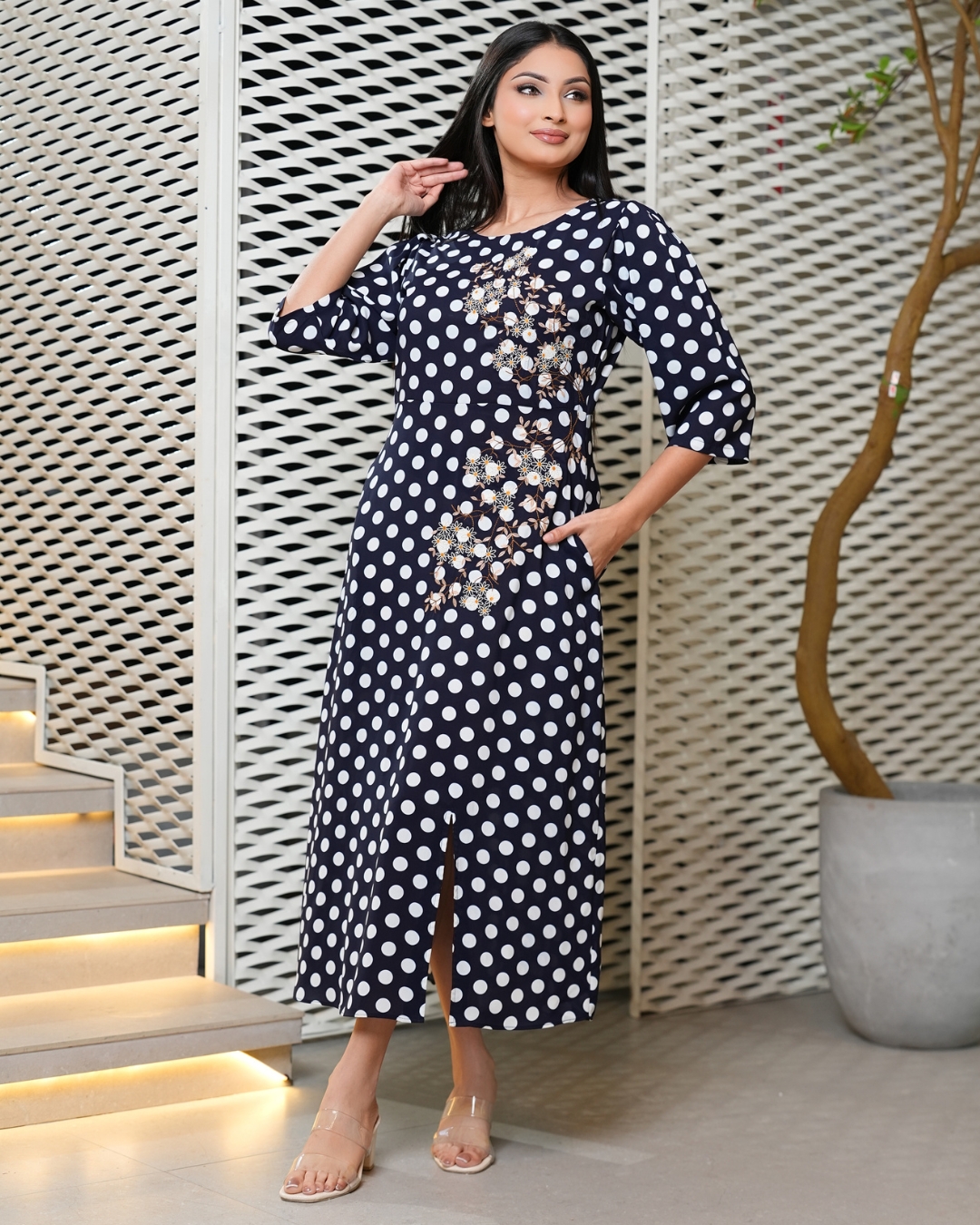 Embroidered Polka Dot Midi Dress - Image 6