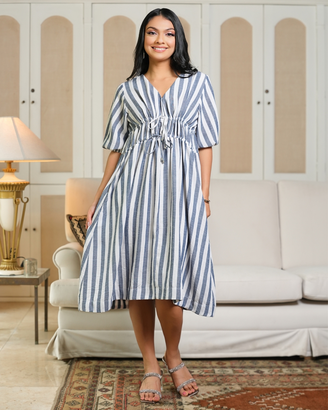 Relaxed Fit Waist Tie-Up Detail Stripe Short Dress - Image 3