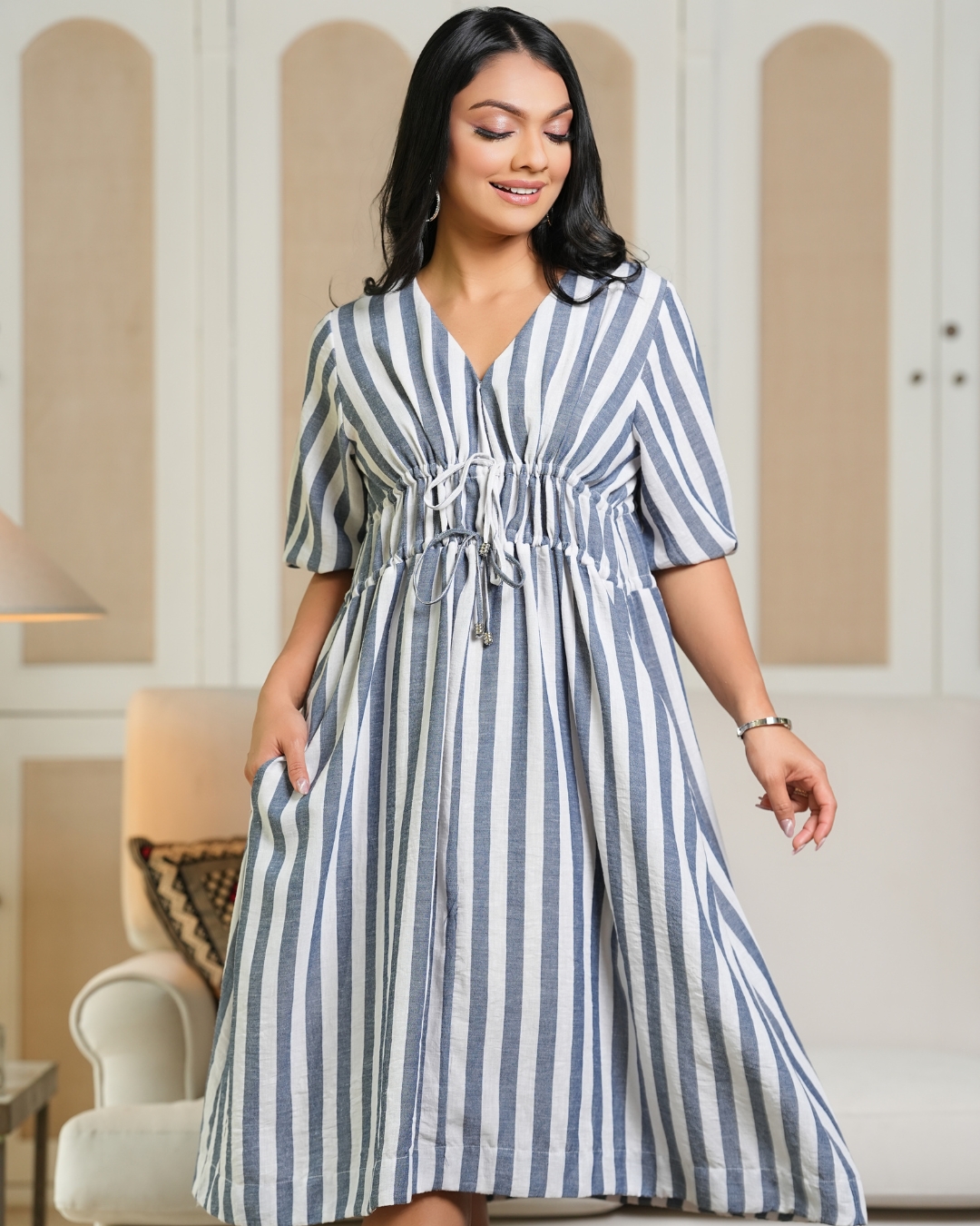 Relaxed Fit Waist Tie-Up Detail Stripe Short Dress - Image 2