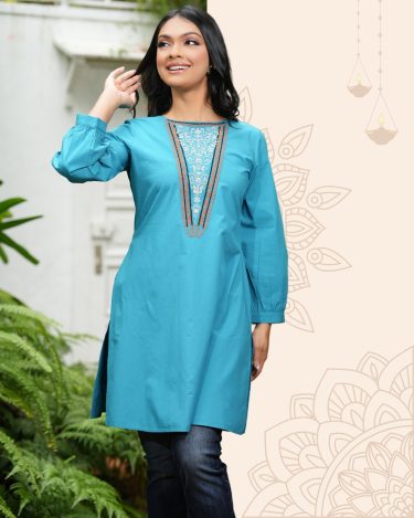 Round Neck Embroidery Gathered Sleeve Detail Kurta Top