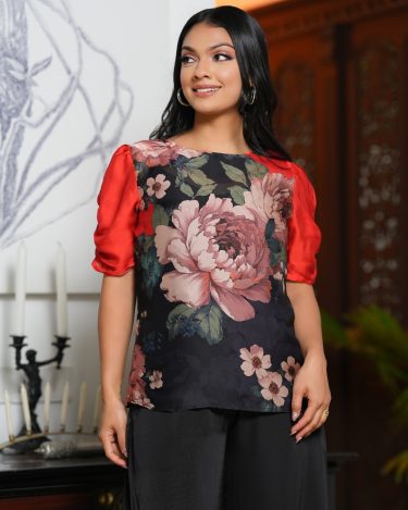 Gathered Sleeve Round Neckline Top