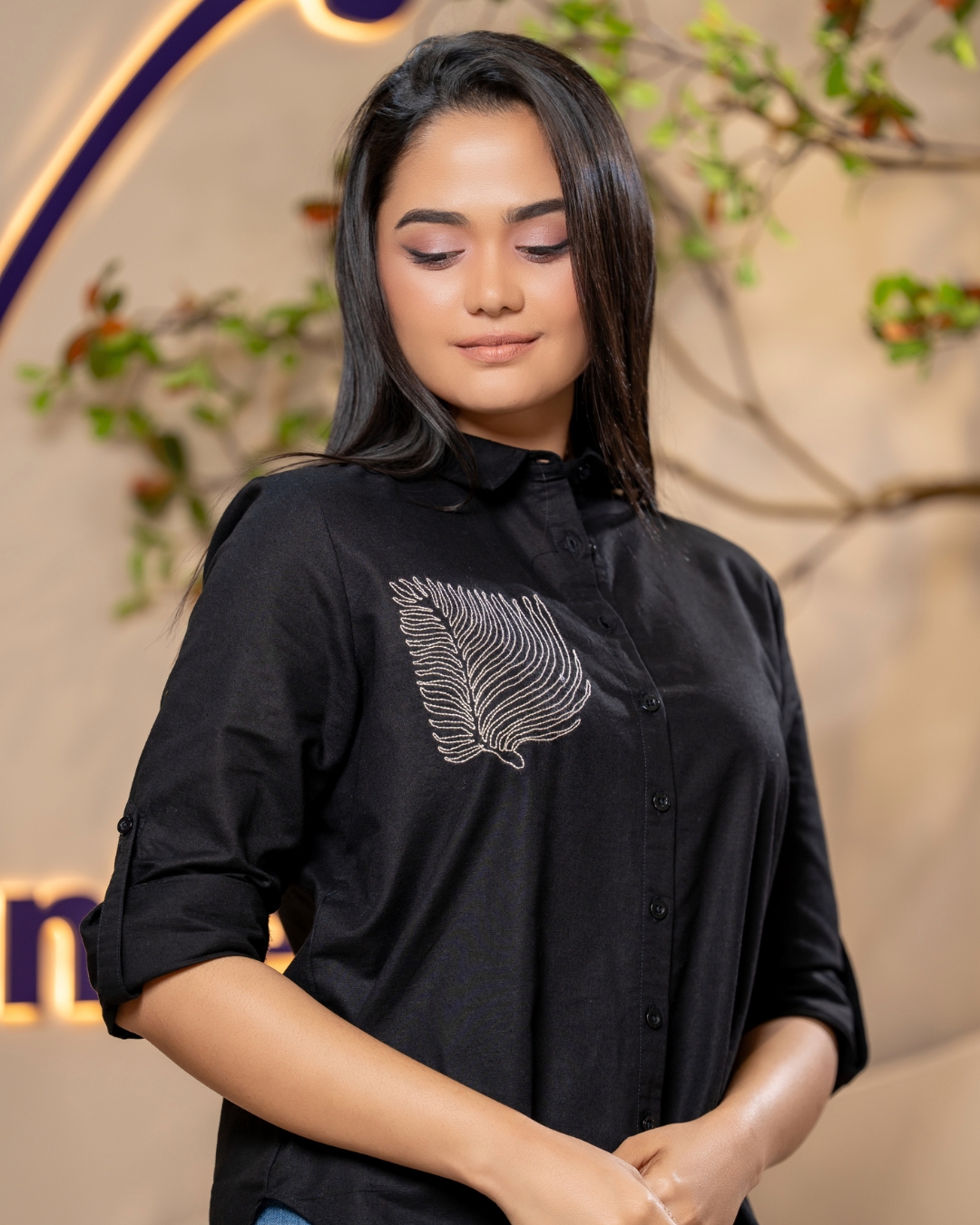 Feather Embroidery Detail Shirt Blouse - Image 3