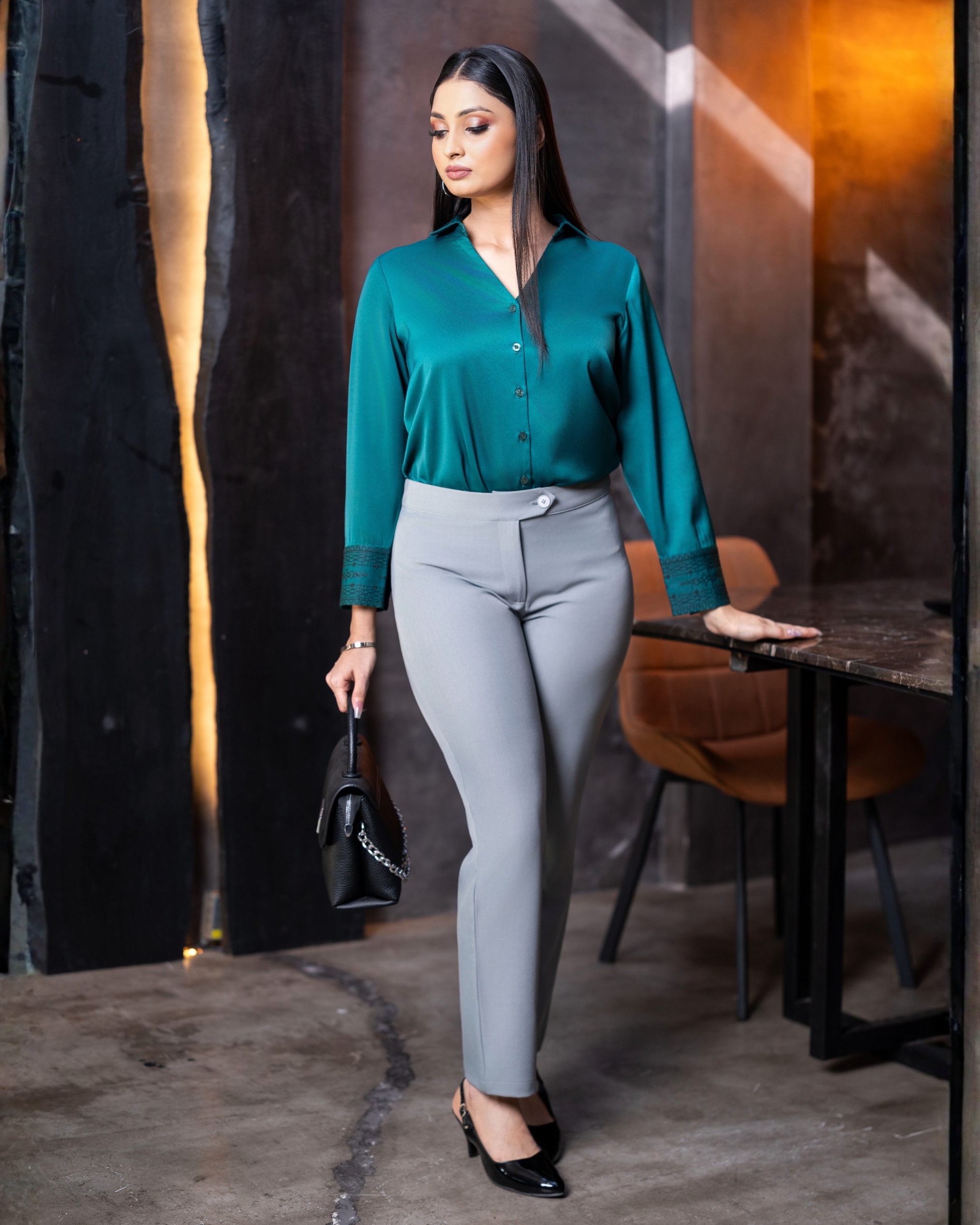 Button Detail Straight Leg Pants