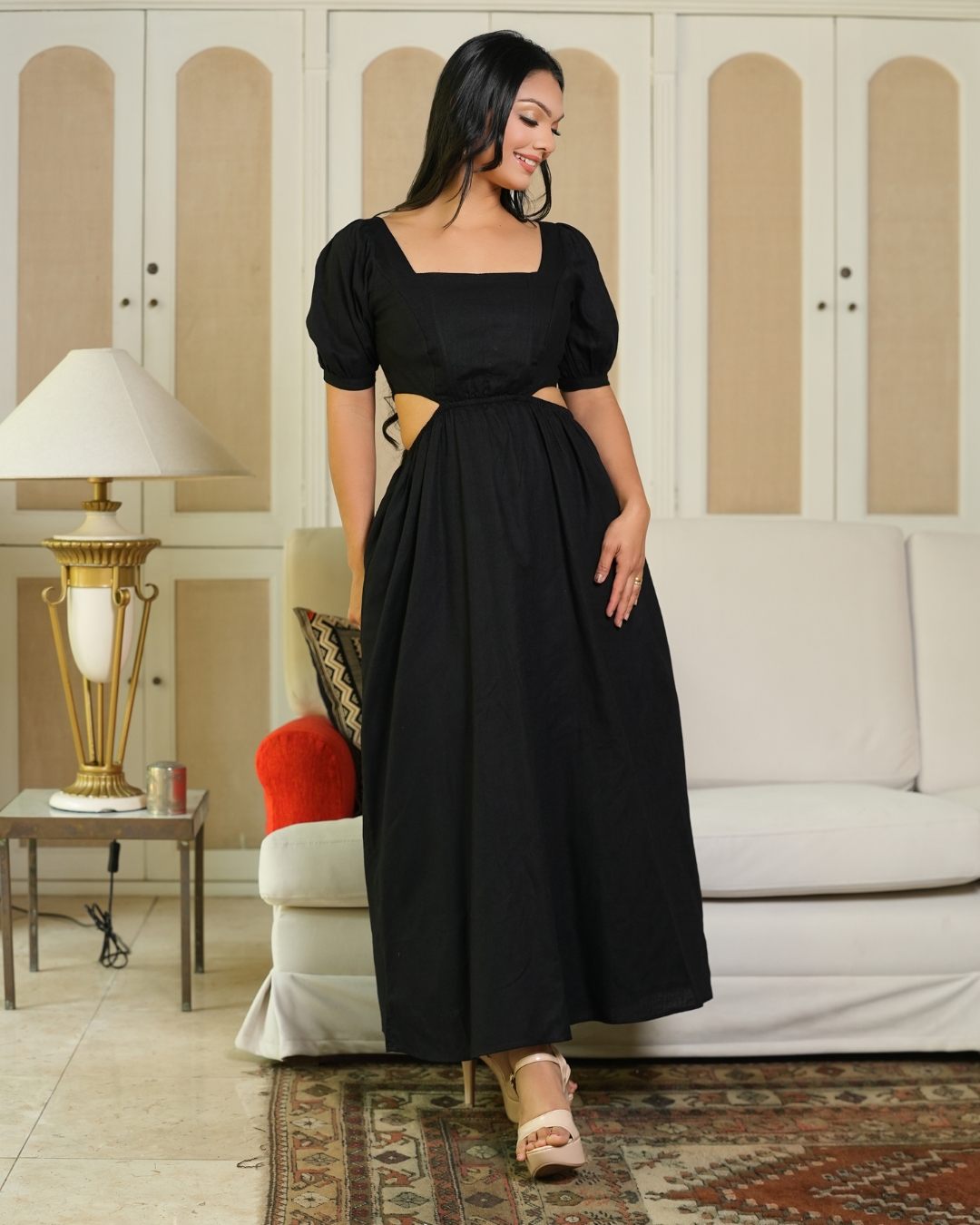 Back Zipper Detailed Waist Cut-Away Maxi Dress - Image 4