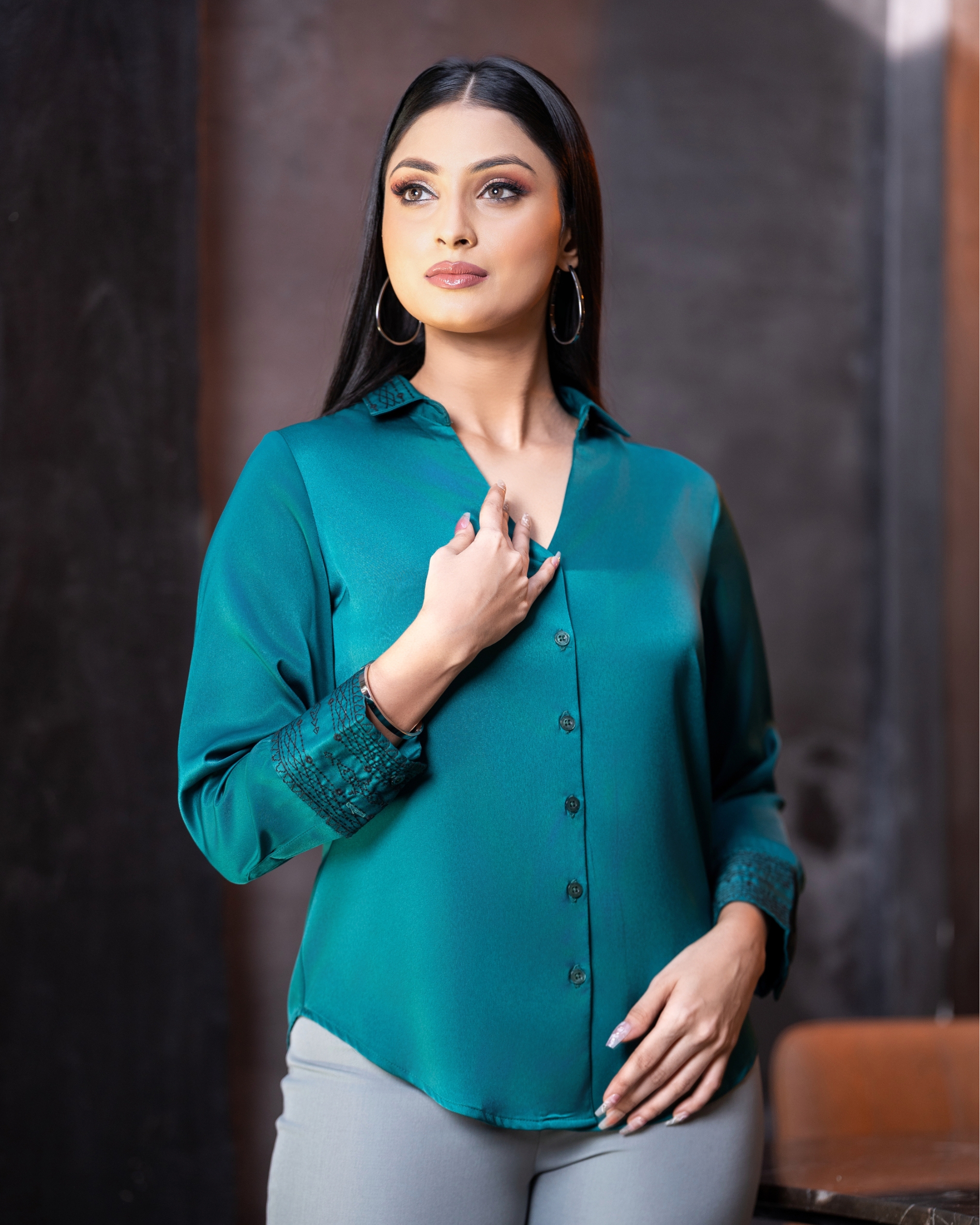 Embridered Sleeve Cuff Detail Shirt Blouse - Image 2