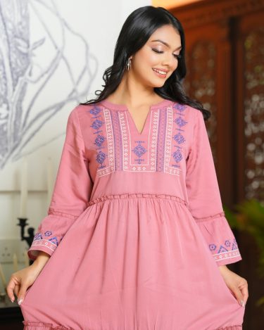 Frill Tier Detail Embroidered Short Dress