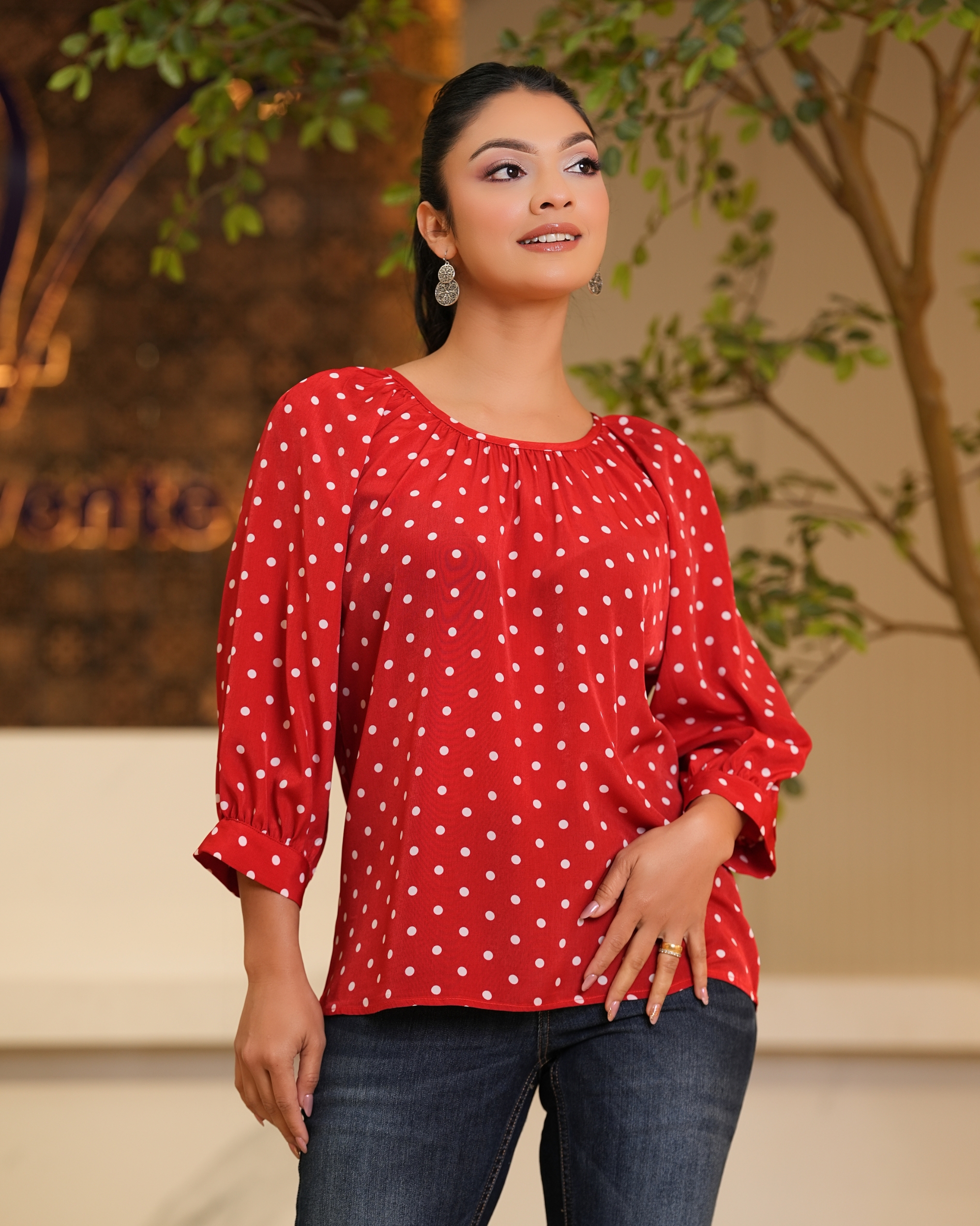 Polka Dot Patterned Raglan Sleeve Blouse - Image 2
