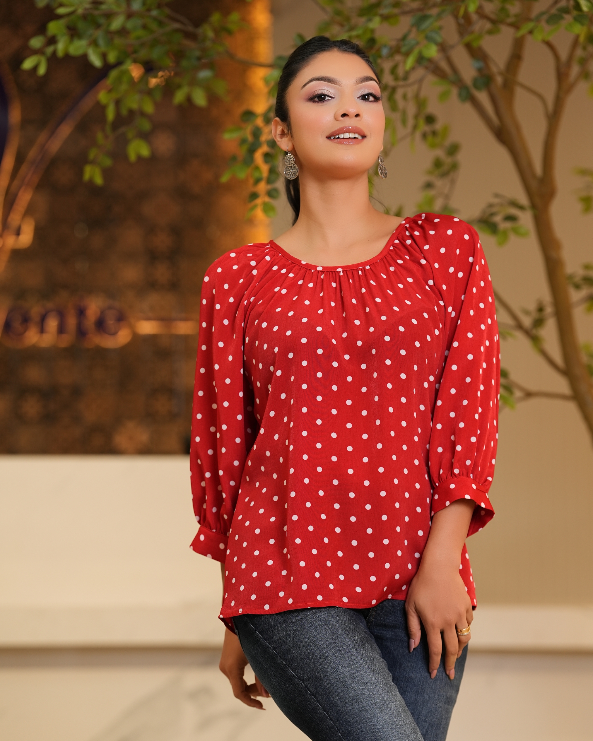 Polka Dot Patterned Raglan Sleeve Blouse - Image 3