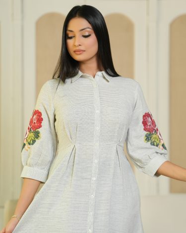 Rose Embroidery Detail Stripe Patterned Midi Shirt Dress