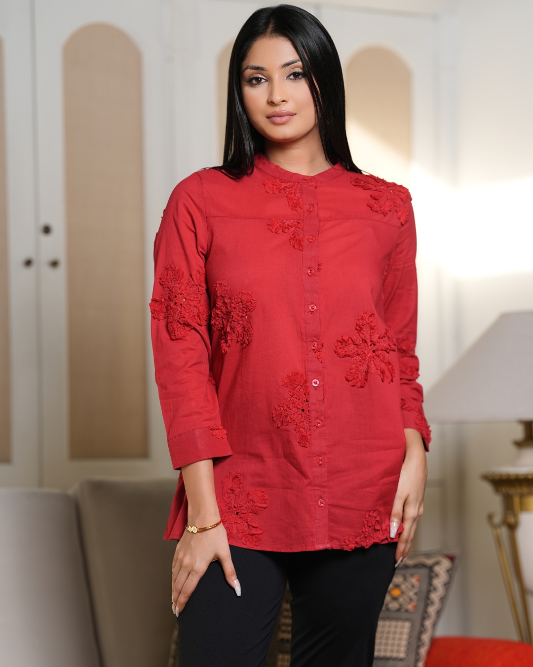 Ribbon Embroidered Floral Button Up Top - Image 2