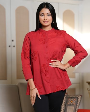 Ribbon Embroidered Floral Button Up Top