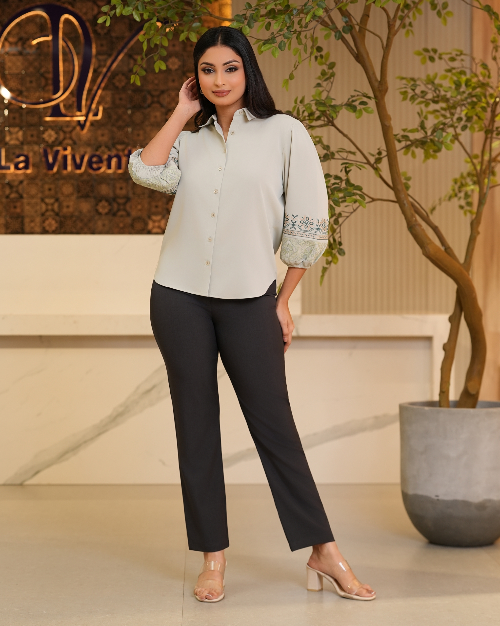 Embroidered Puff Sleeve Button-Down Blouse - Image 4