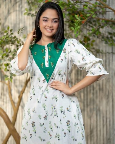 Embroidered Colour-Block Yoke Detail Puff Sleeve Midi Dress