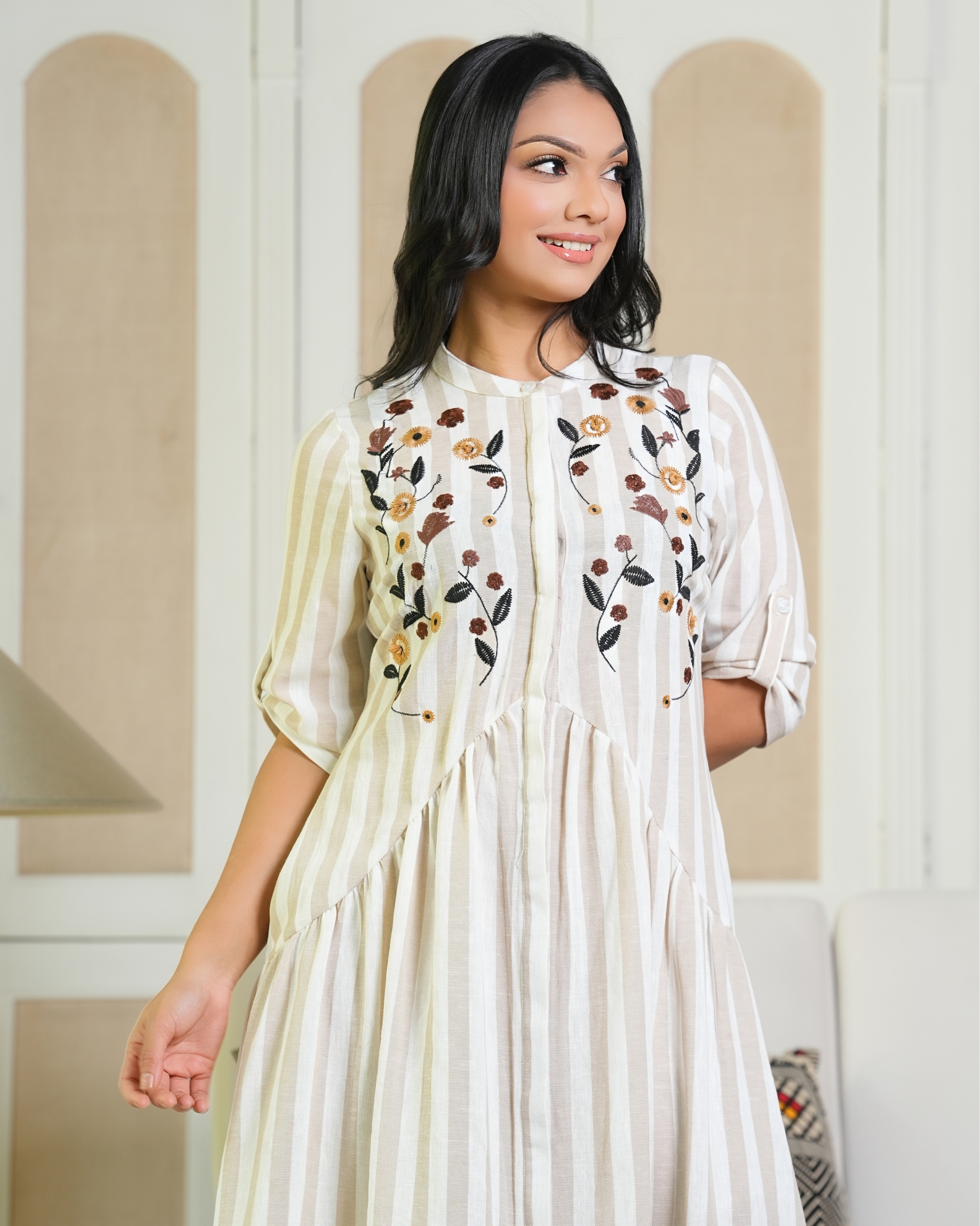 Stipe Patterned Triangle Waist Embroidered Midi Dress