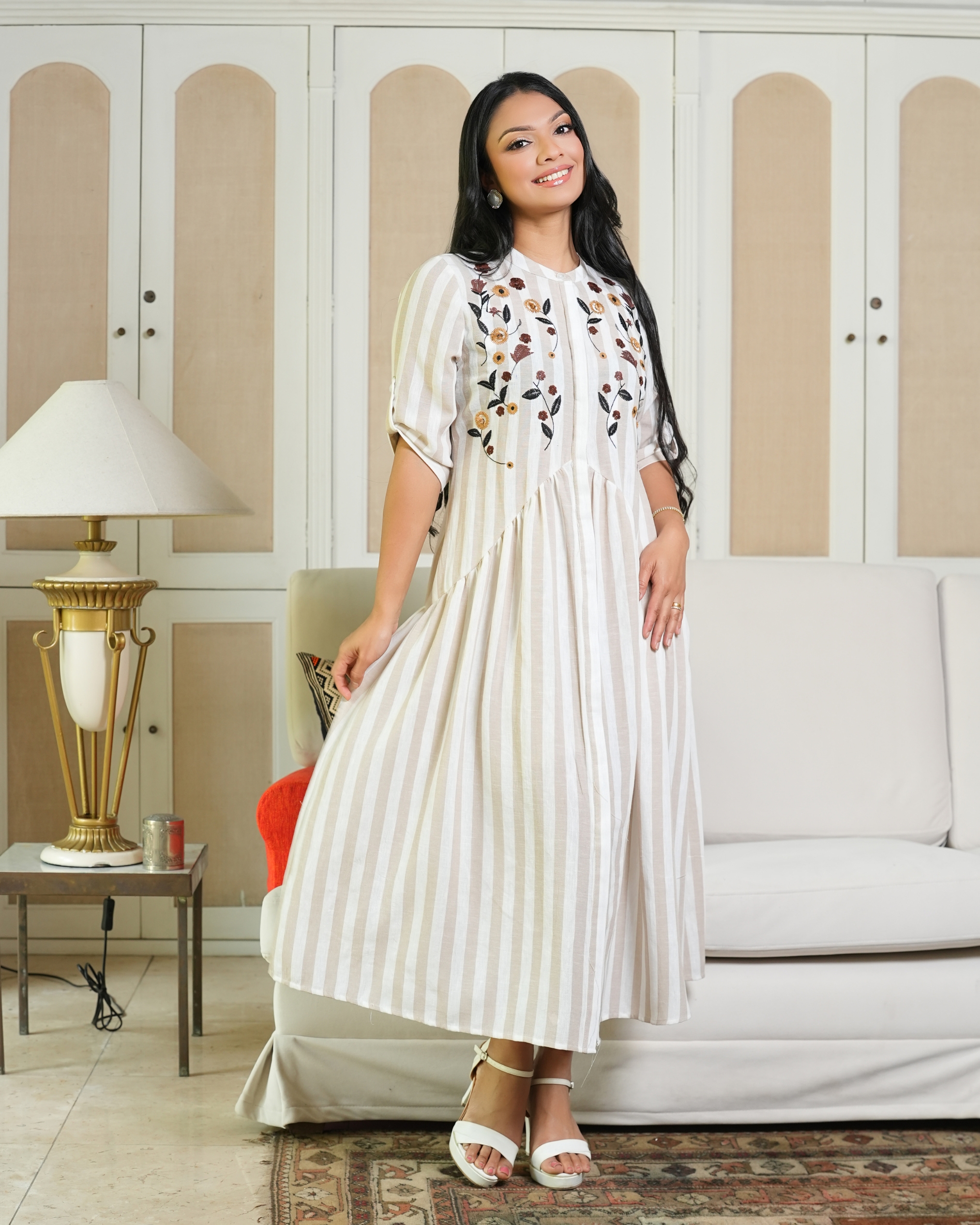 Stipe Patterned Triangle Waist Embroidered Midi Dress - Image 3