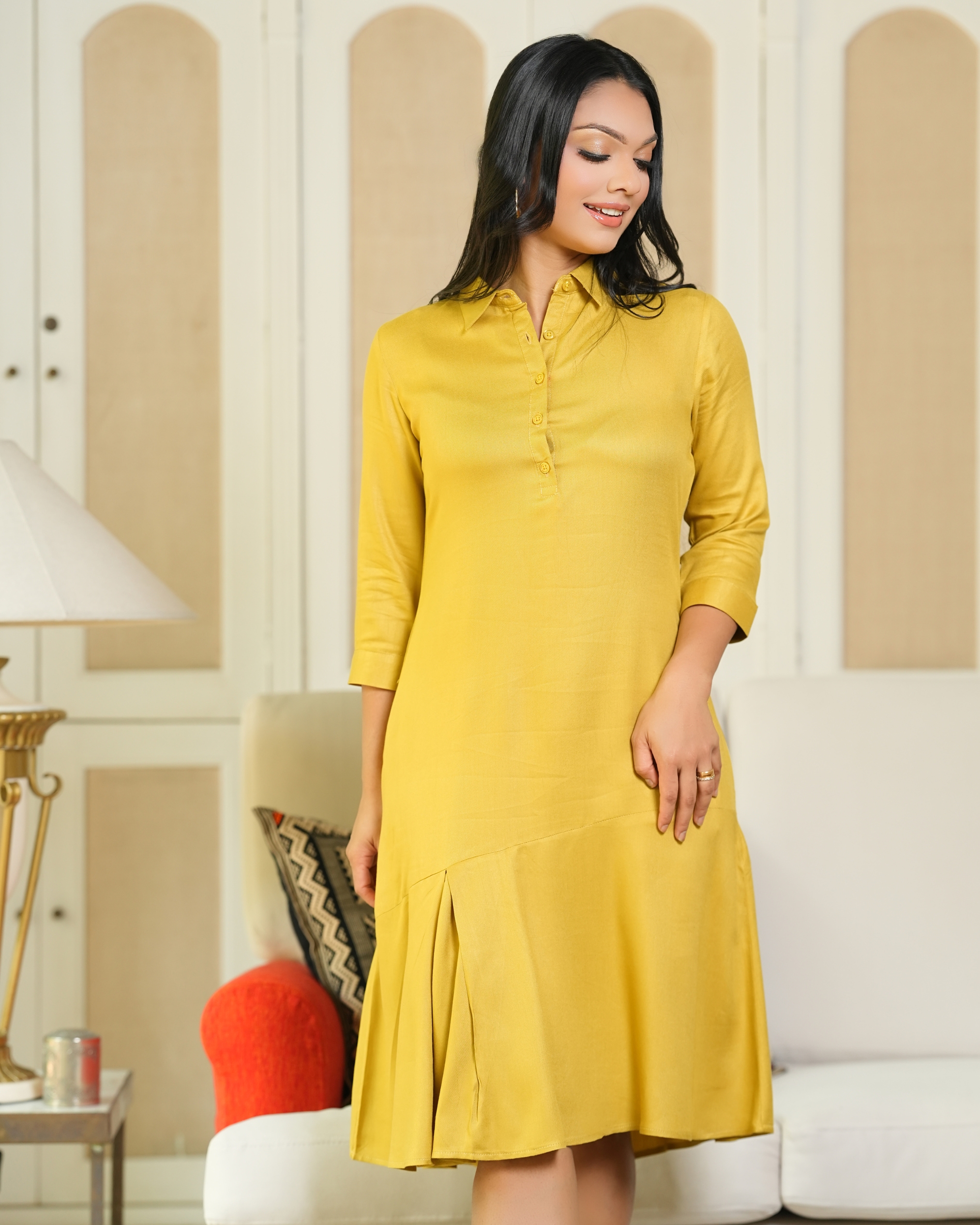 Inverted Pleat Detail Slant Tiered Short Shirt Dress