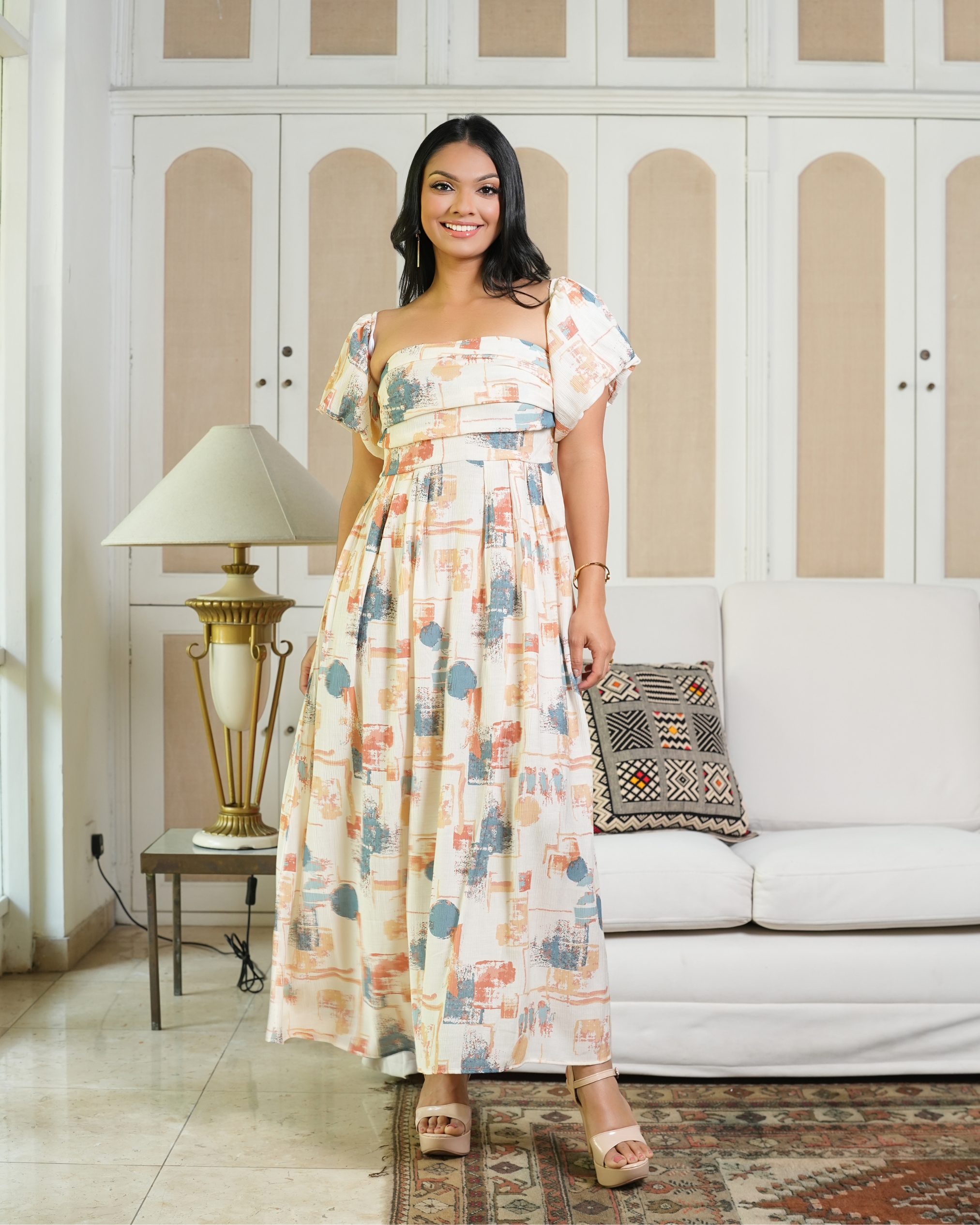 Abstract Patterned Puff Sleeved Maxi Dress - Image 3