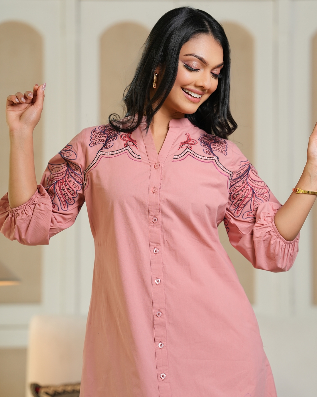 Floral Embroidered Button-Down Short Dress - Image 5