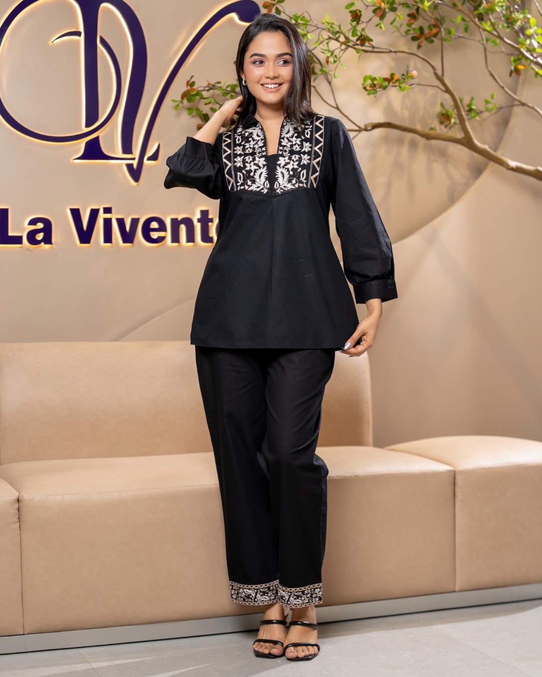 Gusset Neck Embroidered Top and Pants Set - Image 3