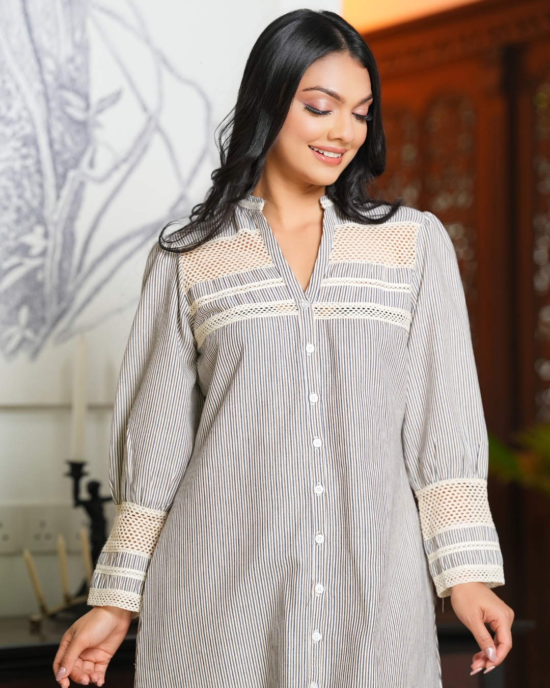 Lace Detail Stripe Short Shirt Dress - Image 6