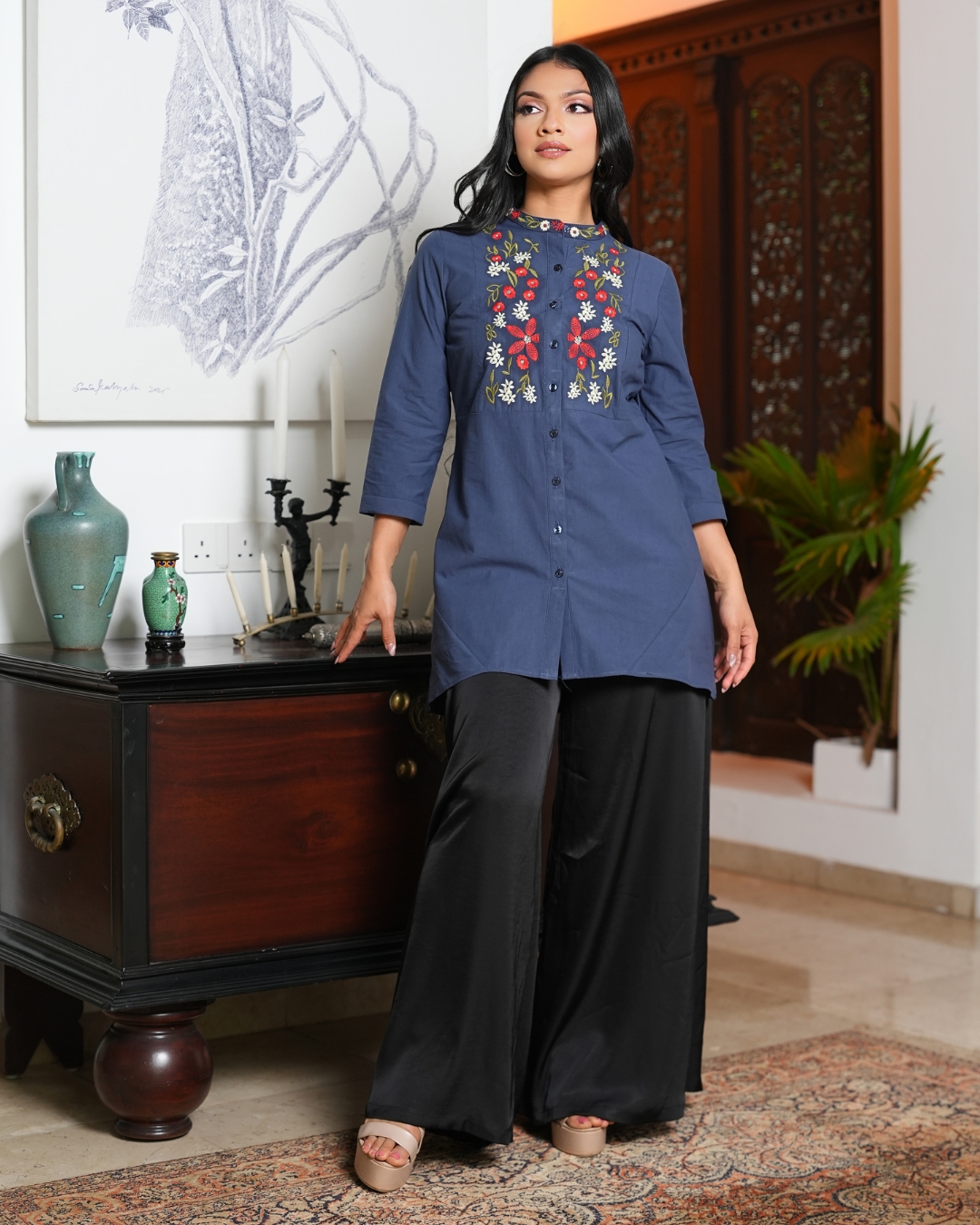 Floral Embroidery Button-Down Kurta Top - Image 4