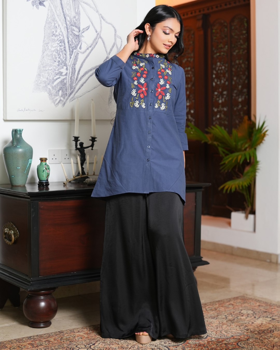 Floral Embroidery Button-Down Kurta Top - Image 3